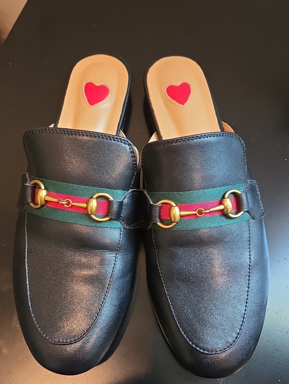 Black Italian Slip-On Leather Mule Shoes w/ Green-Red Horsebit Design